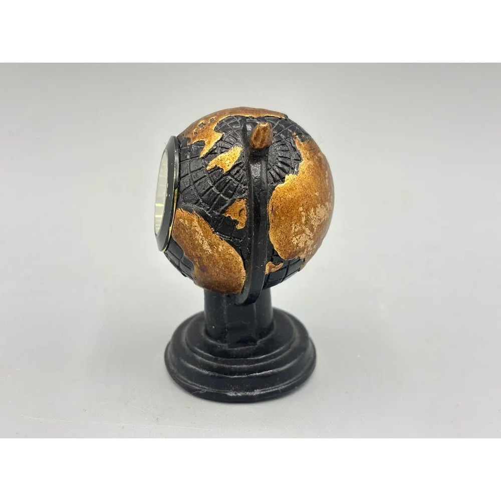 Miniature Globe Desk Clock Black Gold Quartz Movement Small Office Decor 3 Inch
